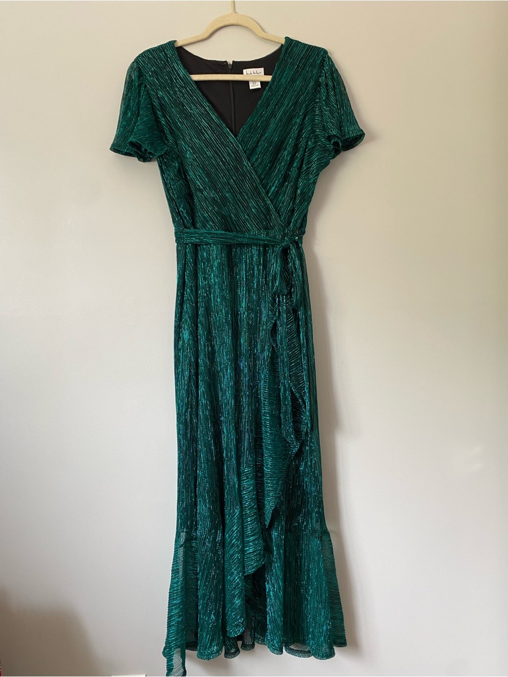 Stunning Emerald  green metallic pleated maxi dress by Nicole Miller size 10